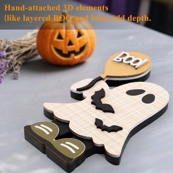 Halloween Decorations Indoor, 2 Pack Cute Wooden Halloween , Witchy Ghost with B - Picture 4 of 9